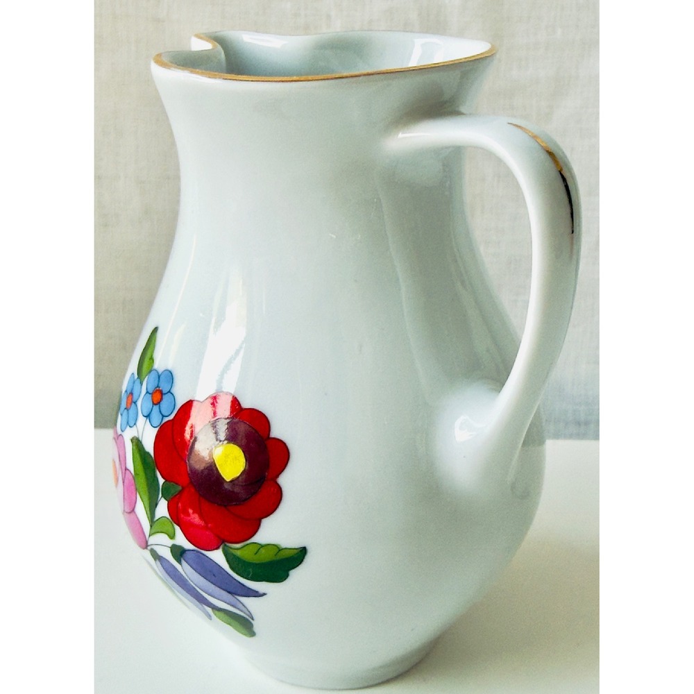 Vintage Kalocsa Hungary Hand-painted Porcelain Pitcher Folk Art Floral Gold Trim - Picture 12 of 12